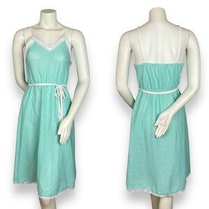 Vintage Dress Sheer 70s 80s Light Green Teal Lace Knit White Trim Sleeveless 7/8